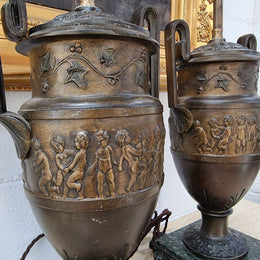 Antique pair of beautiful French urns on marble table\bedside lamps. In good original detailed working condition .