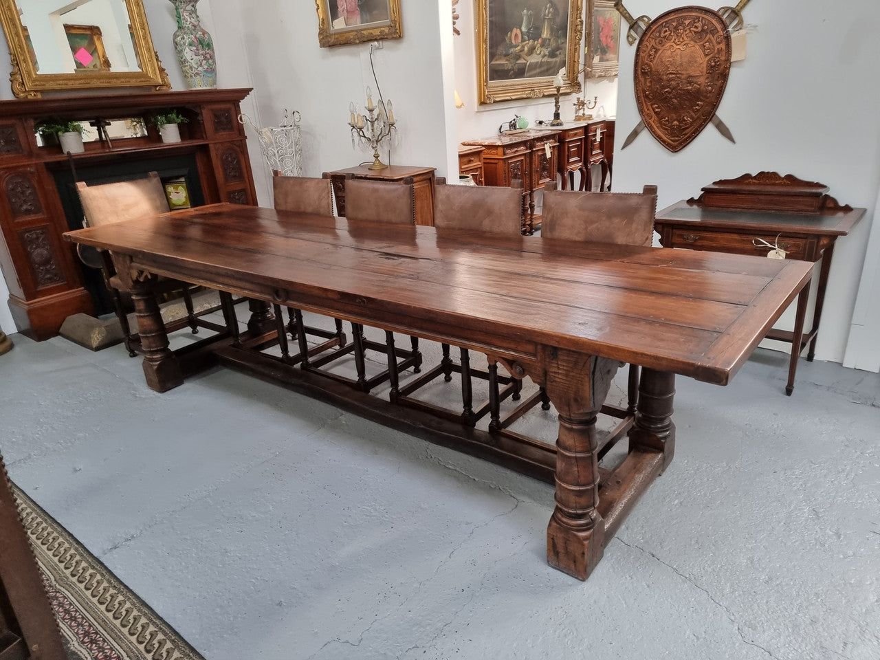 Amazing 3 Meter Dark Oak Farmhouse Dining Table With Set of 10 Leather Chairs | Antique & Vintage | Moonee Ponds Antiques | Australia Wide Delivery