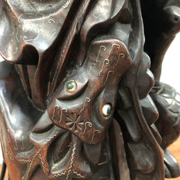 Antique Chinese hand carved Rosewood Immortal "Shou Xing" God of longevity lamp base. Profusely inlaid with brass cloisons. Meiji period Circa 1880.
