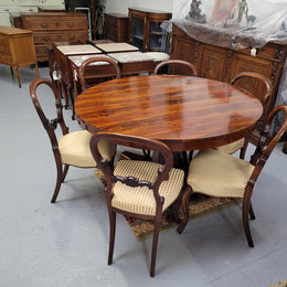 William IV Rosewood tilt top round table with six Rosewood chairs. It has been sourced from locally and is in good original detailed condition.