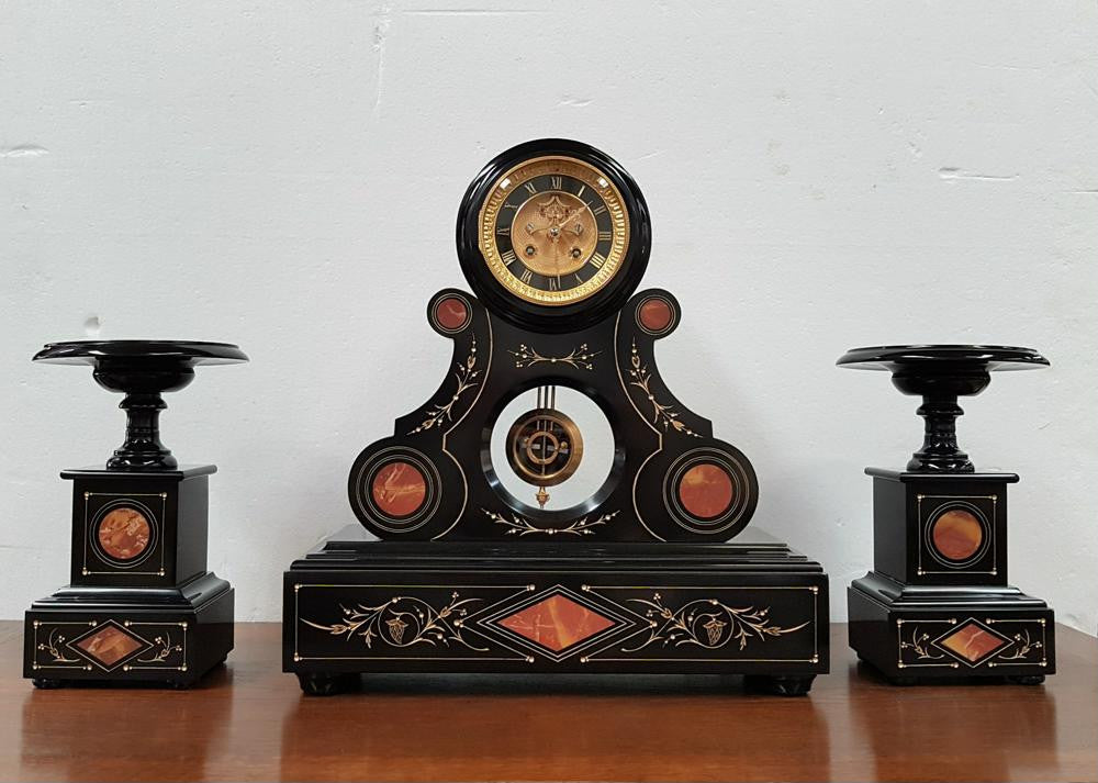 French Black Marble Three Piece Clock Set | Antique & Vintage | Moonee Ponds Antiques | Australia Wide Delivery