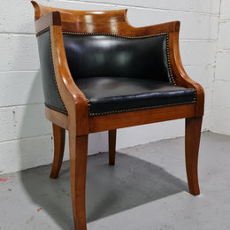 Antique Empire style Walnut and leather office desk chair. In good original detailed condition and leather is in good used condition.