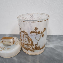 Antique French opaline glass lidded container with lovely gilt decoration. In good original condition with no chips or crack, please view photos as they help form part of the description.