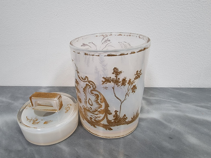 Antique French opaline glass lidded container with lovely gilt decoration. In good original condition with no chips or crack, please view photos as they help form part of the description.