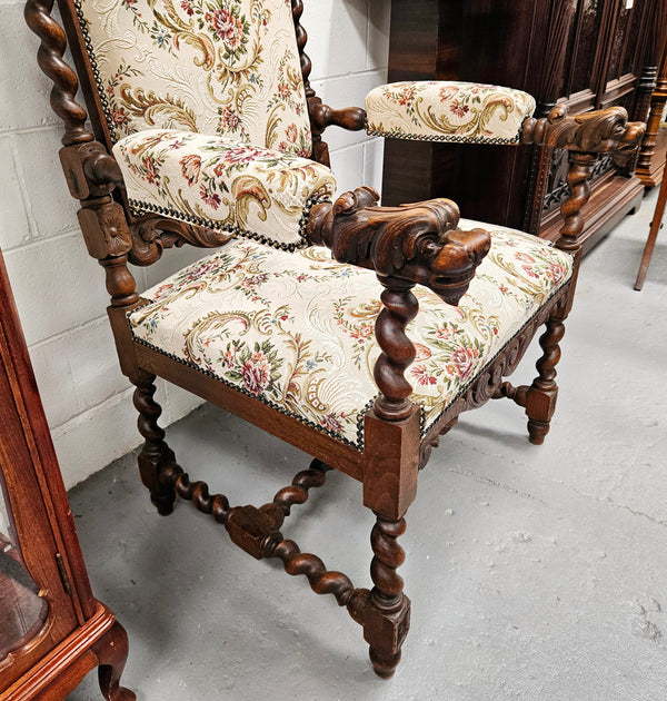 Early 19th Century French renaissance beautifully carved chair with stunning new upholstery. In good original condition with new upholstery.