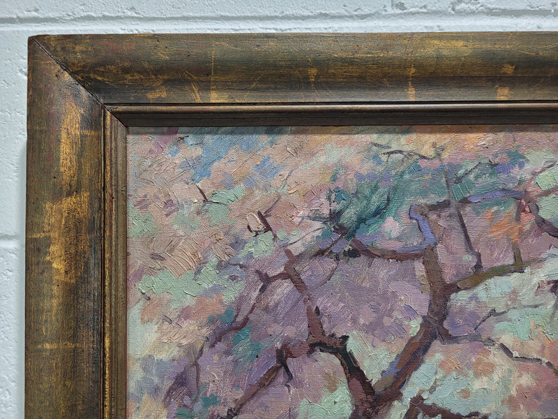 Stunning French oil on canvas signed by Prosper Bosteels (1881-1964). Depicting painting of a house with a flowering cherry tree and in a gilt frame. In good original detailed condition. Sourced from France.