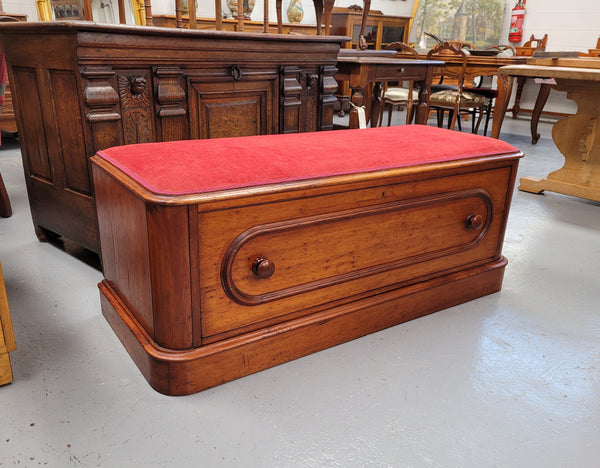 Victorian Cedar blanket box seat with lovely upholstery. This beautiful seat could be used in a bedroom in front of a bed or a hallway to store shoes and sit on when putting them on. It is in good original condition, please view photos as they help form part of the description.