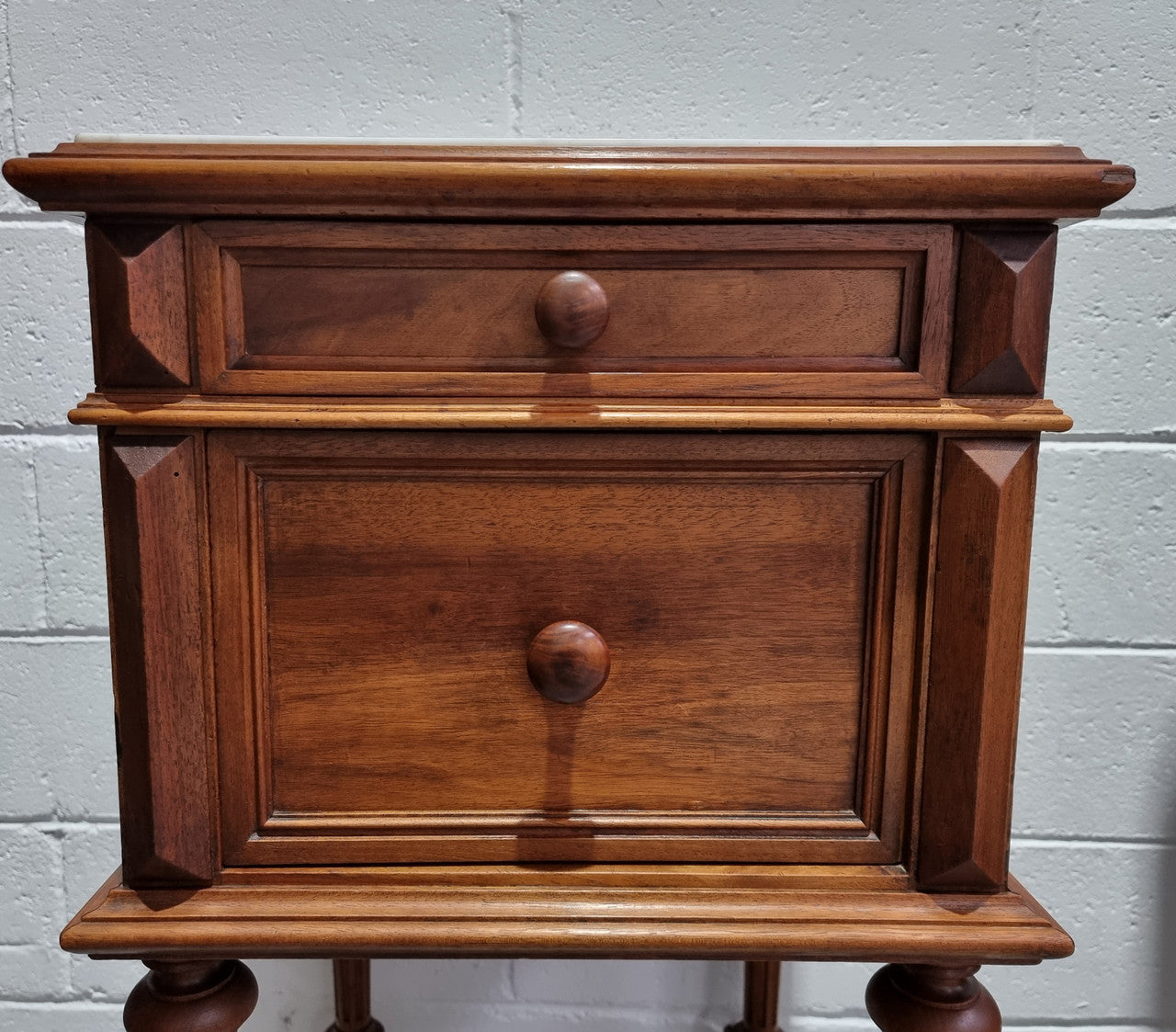 French Walnut Henry II Style Bedside Cabinet With White Marble Top