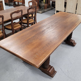 Amazing French Oak Spanish Renaissance style dining table with beautiful decorative iron work. It has been sourced from France and can comfortable seat 8- 10 people. Sourced from France and is good original detailed condition.