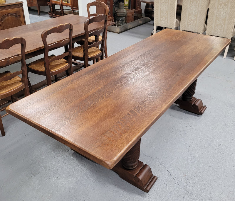 Amazing French Oak Spanish Renaissance style dining table with beautiful decorative iron work. It has been sourced from France and can comfortable seat 8- 10 people. Sourced from France and is good original detailed condition.