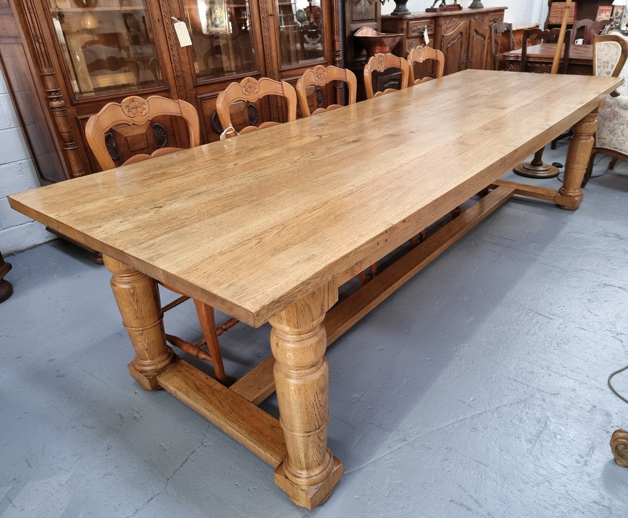 3 Meter Bespoke Oak Stretcher Base Farmhouse Dining Table | Antique & Vintage | Moonee Ponds Antiques | Australia Wide Delivery