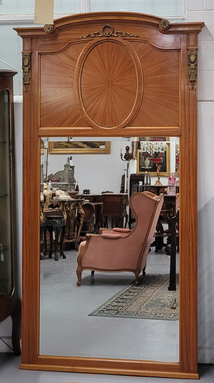 Stunning Long Louis XV Style Satinwood & Bronze Trumeau Mirror