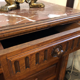 Henry II style Walnut inset marble top single bedside. Plenty of storage space with 4 drawers and a small cupboard space. In good original detailed condition.