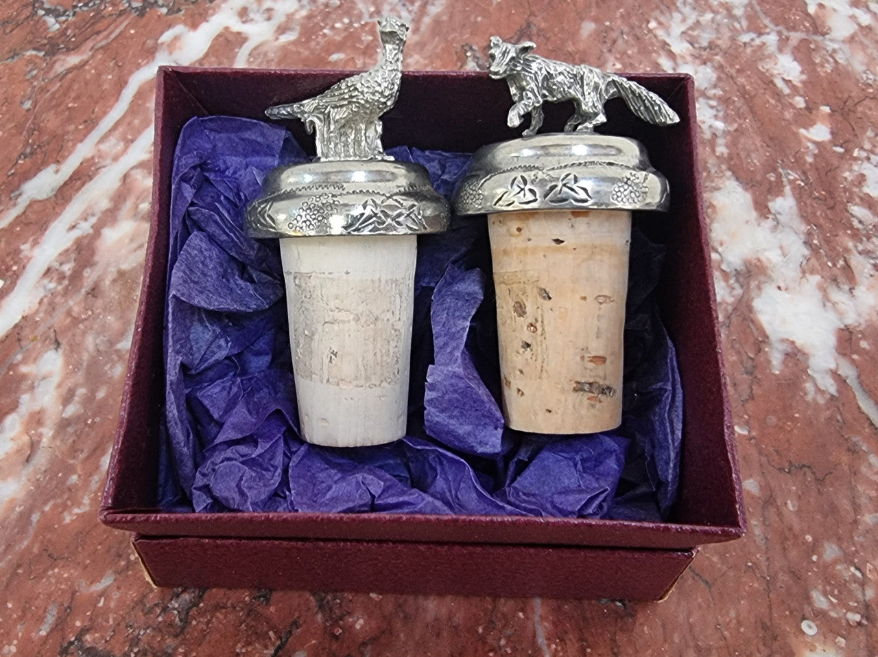 “Past Times” Pair of Pheasant and Fox Cork Bottle Stoppers