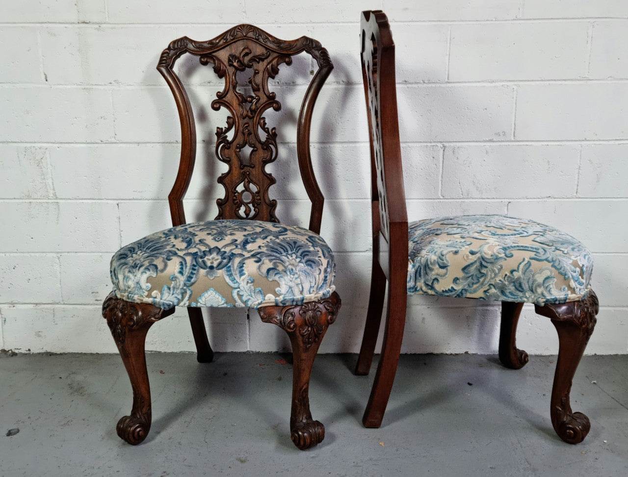 Stunning Pair of Antique French Carved Mahogany Hall Chairs