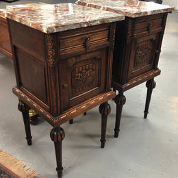 Pair Of French Oak Marble Top Henry II Style Bedside Tables