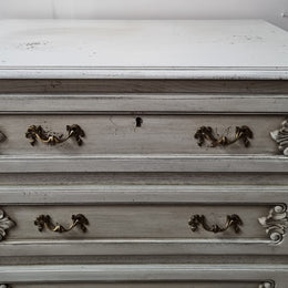 French Louis 15th style Vintage six drawer chest with panelled sides, carving and original paint.  Sourced from France and in good original condition.