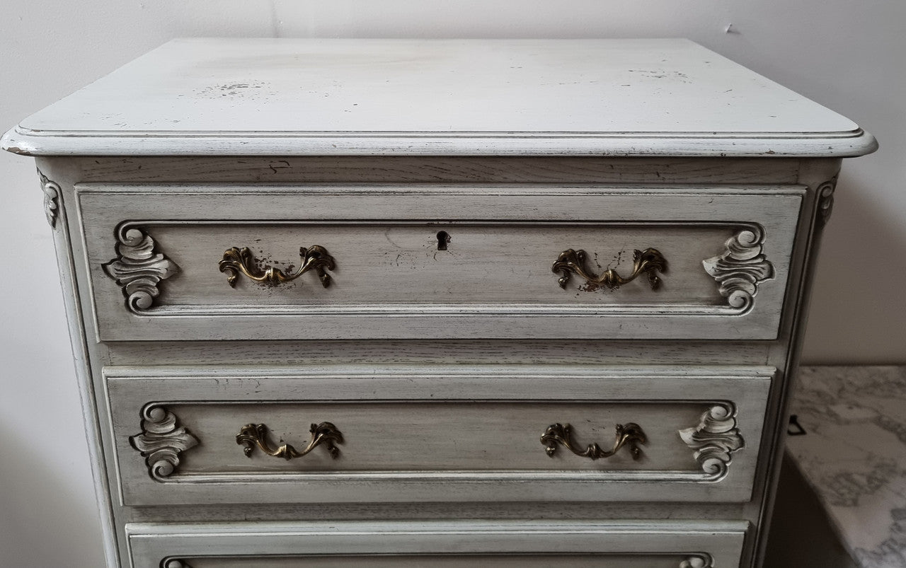 French Louis 15th style Vintage six drawer chest with panelled sides, carving and original paint.  Sourced from France and in good original condition.