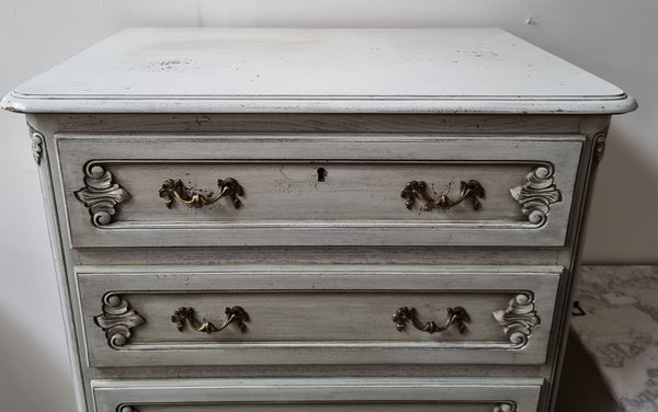 French Louis 15th style Vintage six drawer chest with panelled sides, carving and original paint.  Sourced from France and in good original condition.