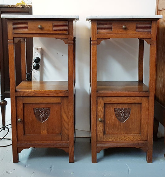 Pair Of French Oak & White Marble Top Bedsides
