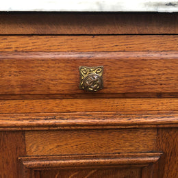 A lovely pair of French Oak, marble top bedside cabinets with a cupboard and drawer in good original condition.