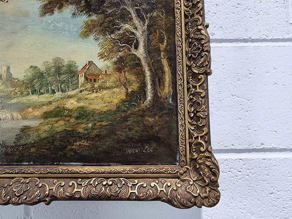 Beautiful antique french signed oil on canvas painting, depicting Castle Landscape.  In good realigned original condition.