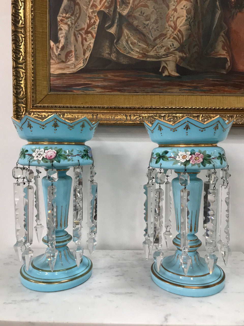 A Pair Of Victorian Blue Glass Lustres