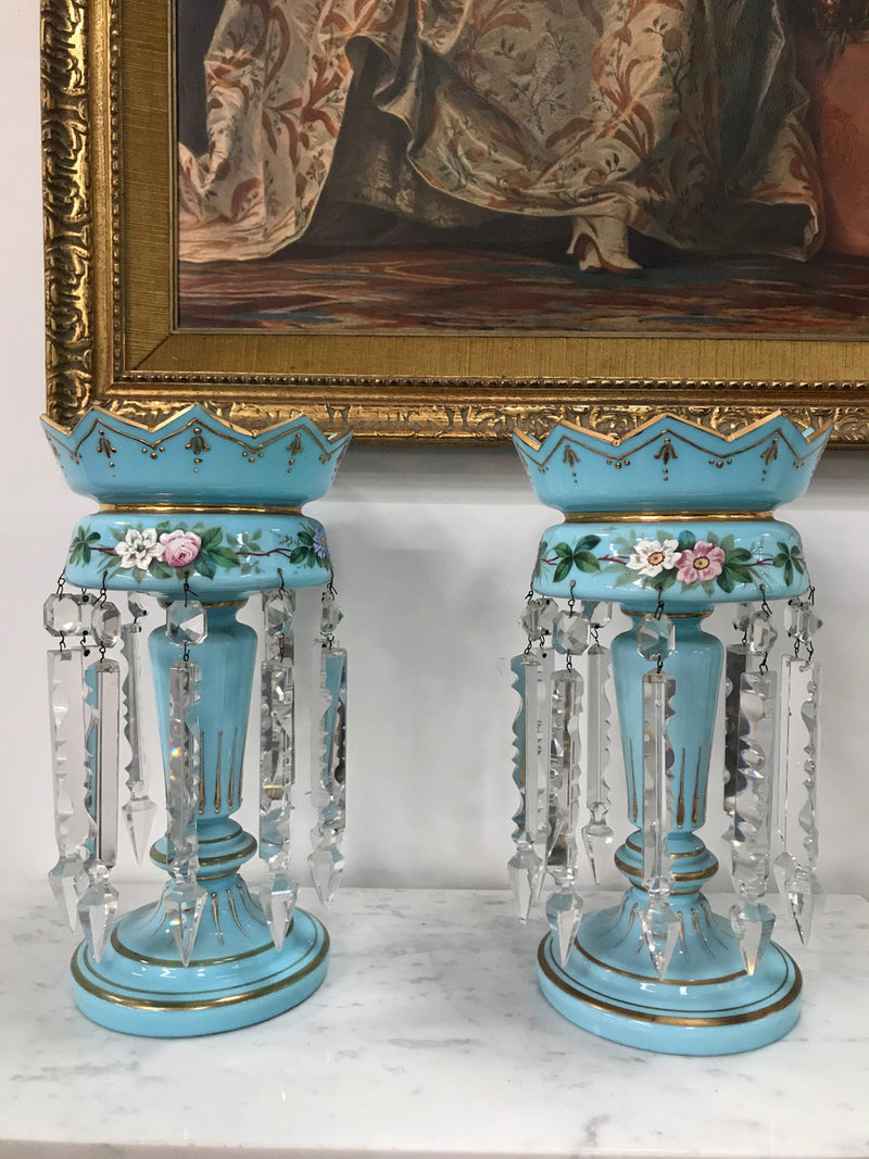 A Pair Of Victorian Blue Glass Lustres