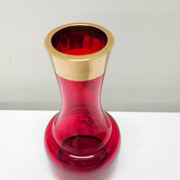 Lovely Bohemian ruby red glass vase with hand painted flowers and a guilt trimmings. It is in good original condition. Please see photos as they form part of the description.