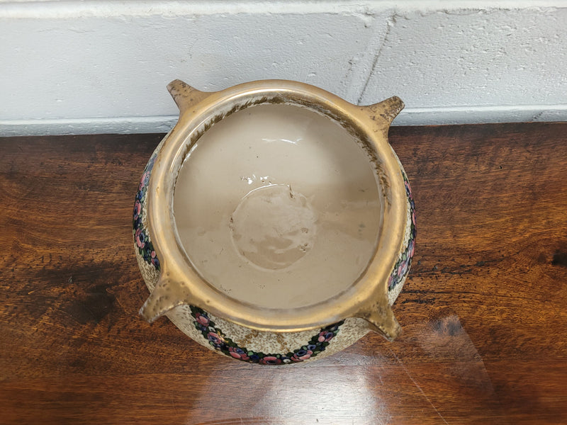 Royal Vienna Turin Teplitz footed bowl. Beautiful wax finish and is in good original detailed condition. Decorated with relief polychrome swags and enameled pendant. No damage some wear on the gold rim. 21cm at widest point and 13cm at base.