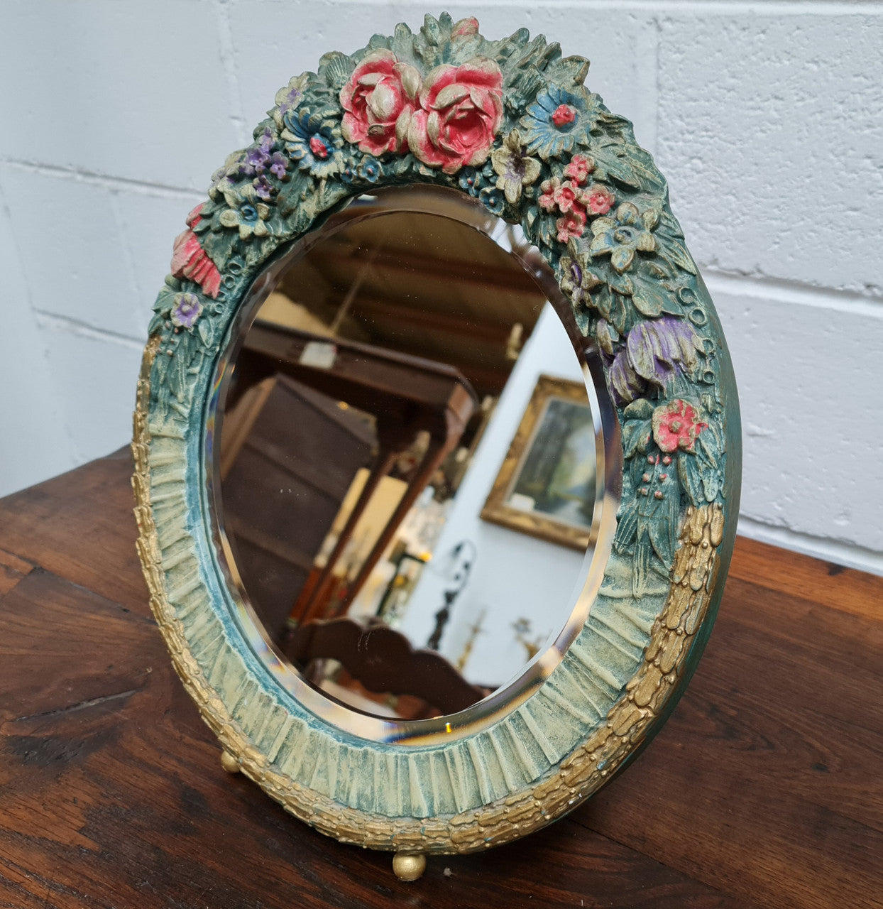 Beautifully Decorated Barbola Round Bevelled Edge Mirror | Antique & Vintage | Moonee Ponds Antiques | Australia Wide Delivery