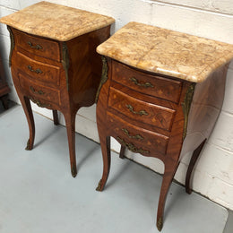 Pair of French Louis XV Style Marquetry Inlaid Marble Top Bedsides