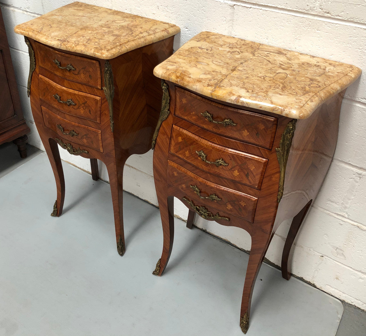 Pair of French Louis XV Style Marquetry Inlaid Marble Top Bedsides