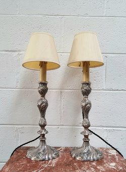Pair of Antique French Silver Candlesticks Table Lamps Embossed With Birds & Floral Pattern | Antique & Vintage | Moonee Ponds Antiques | Australia Wide Delivery
