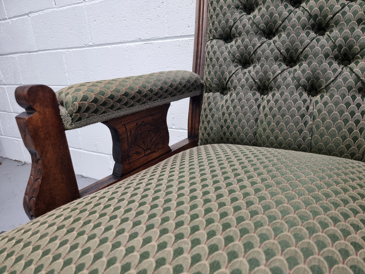 Pair of Edwardian button back Walnut armchairs. They are in good original condition with clean upholstery.