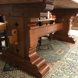 French Farmhouse table with a beautiful thick plank top and stretcher base. Can seat 8-10 people comfortably and is in good original detailed condition.