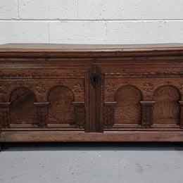 Fabulous carved French oak Antique Coffer / Chest with a lift up lid and loads of beautiful character in good original detailed condition.