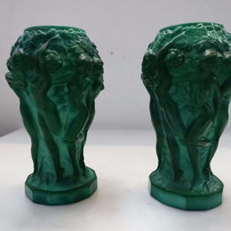 Pair Of Czechoslovakian Malachite Vases