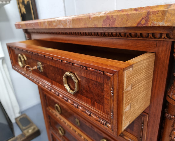 French walnut and burr walnut chest of six drawers with a beautiful decorative marble top and decorative round handles. In good original detailed condition.