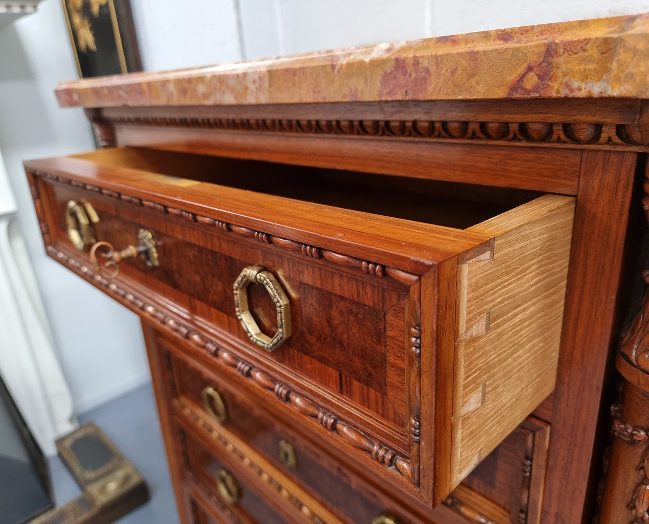 French Walnut and Burr Walnut Chest of Six Drawers | Antique & Vintage | Moonee Ponds Antiques | Australia Wide Delivery
