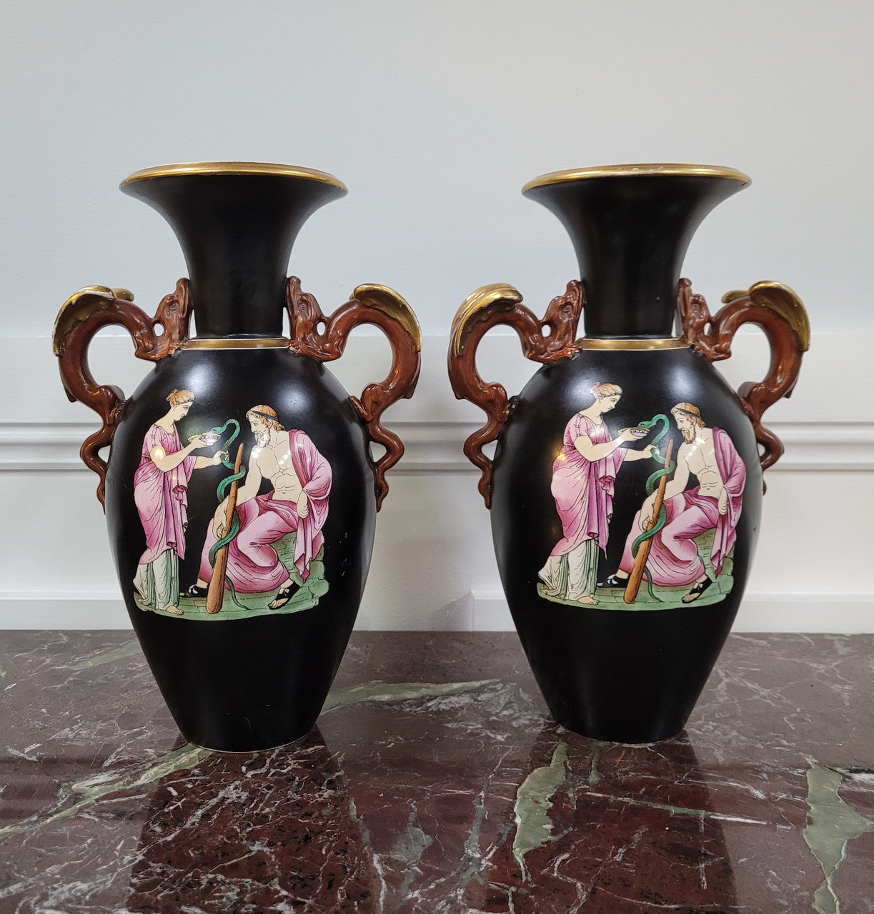 Pair Antique 19th Century Paris Porcelain Grecian Style Vases