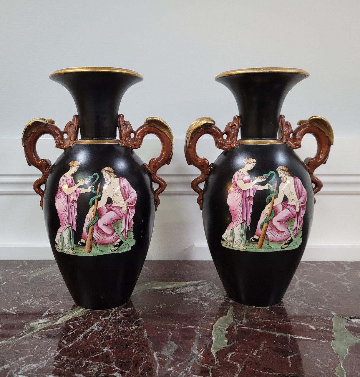 Pair Antique 19th century Paris porcelain Grecian style vases. Please view photos as they help form part of the description.