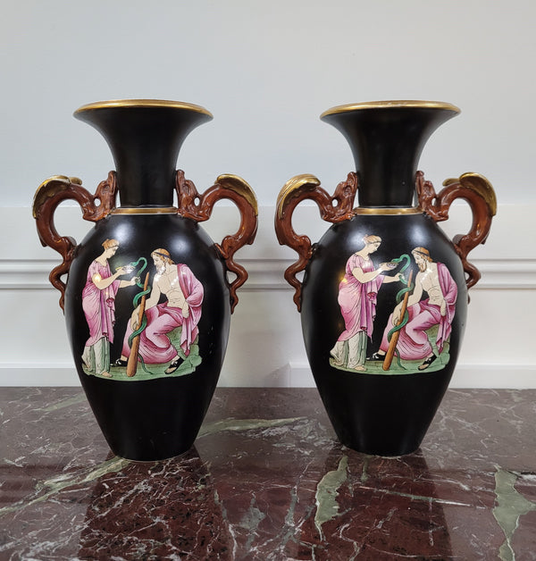 Pair Antique 19th century Paris porcelain Grecian style vases. Please view photos as they help form part of the description.