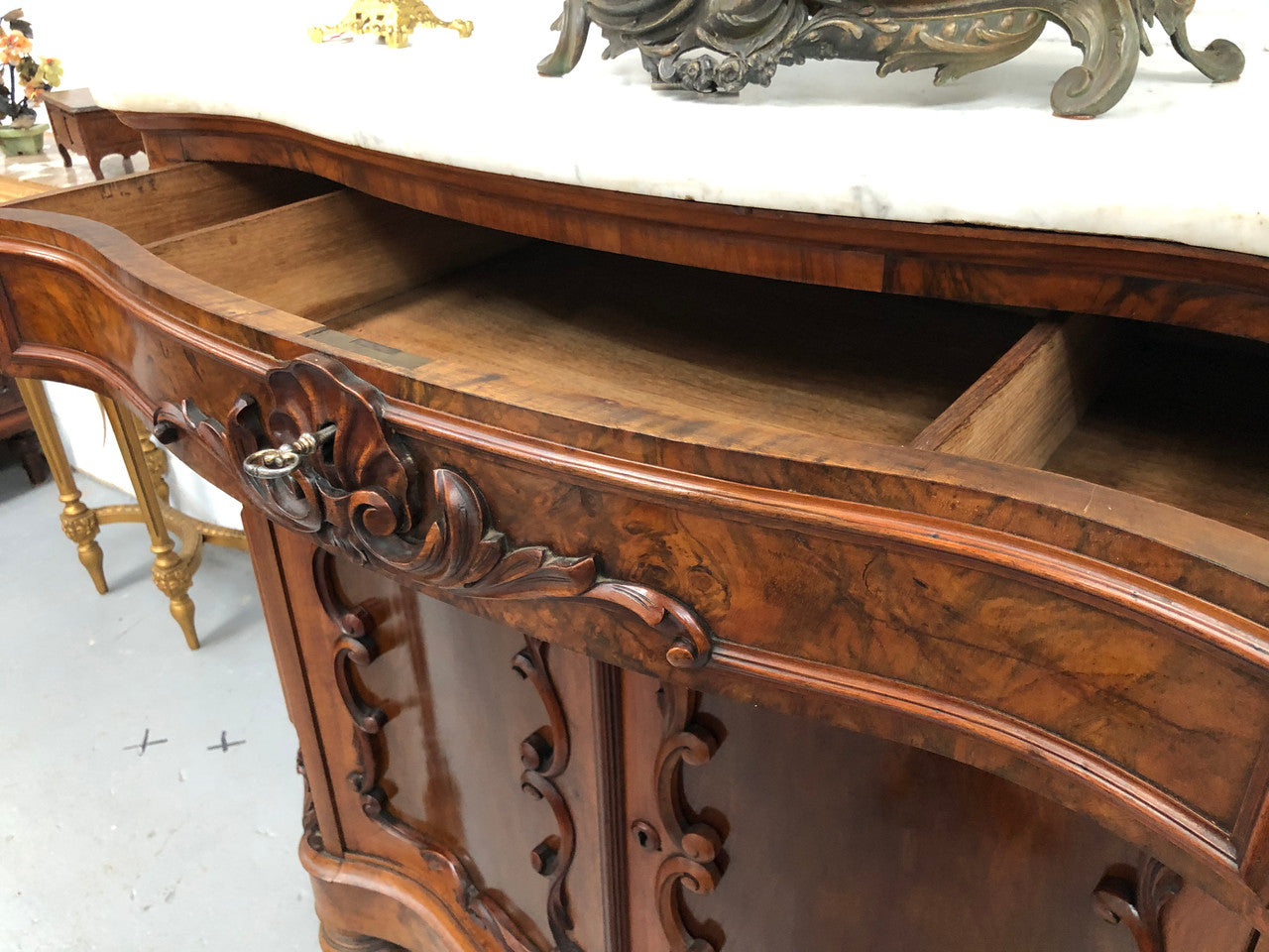 Antique French Figured Walnut Marble Top Buffet | Antique & Vintage | Moonee Ponds Antiques | Australia Wide Delivery