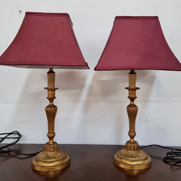 Pair of French Antique 19th Century Gilt Bronze Candlestick Lamps & Shades