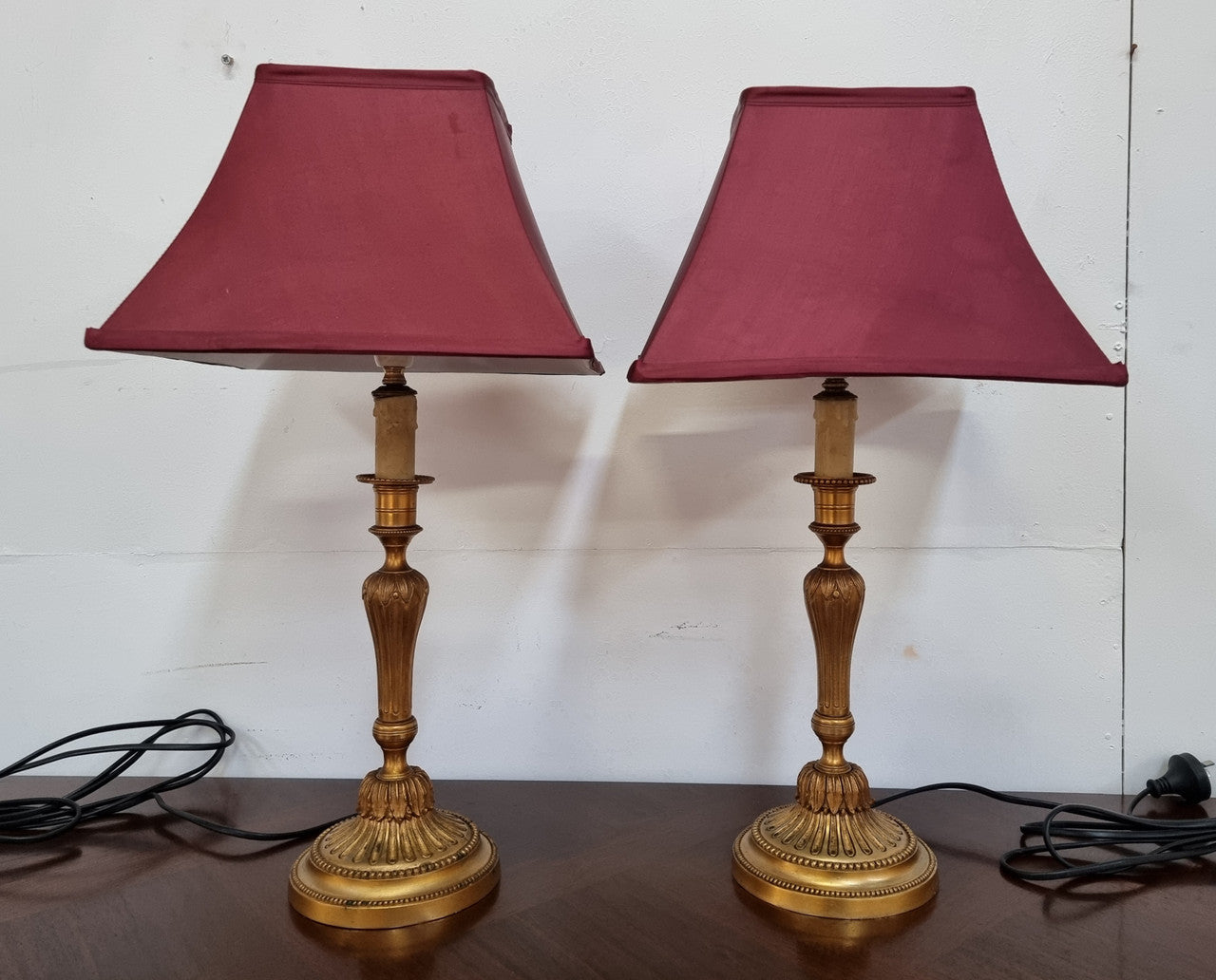 Pair of French Antique 19th Century Gilt Bronze Candlestick Lamps & Shades