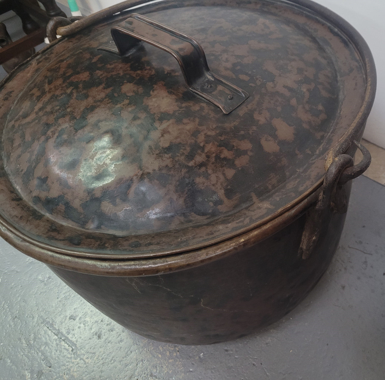 Large French brass cauldron with lid and handle. It is in original condition with some signs of wear please view photos.