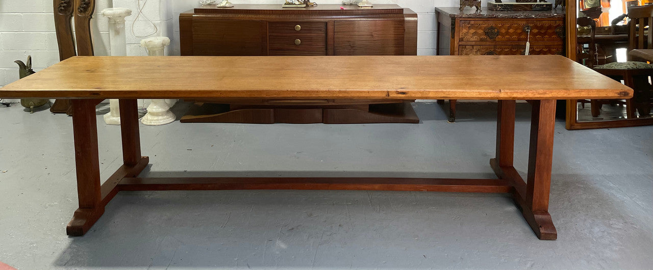 Rare 19th Century French Mahogany 3.1 m pedestal farmhouse table. It has an original wax finish and is in good original detailed condition.