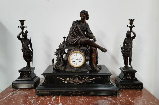 French 19th Century Three Piece Figural Clock Set