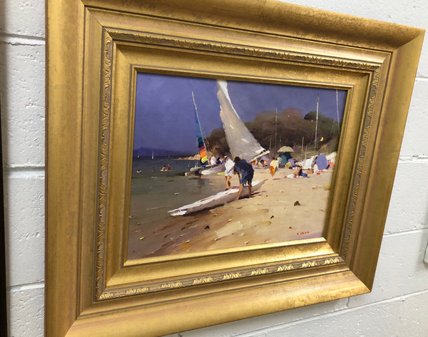 Beach Scene Oil On Board Painting By David Chen